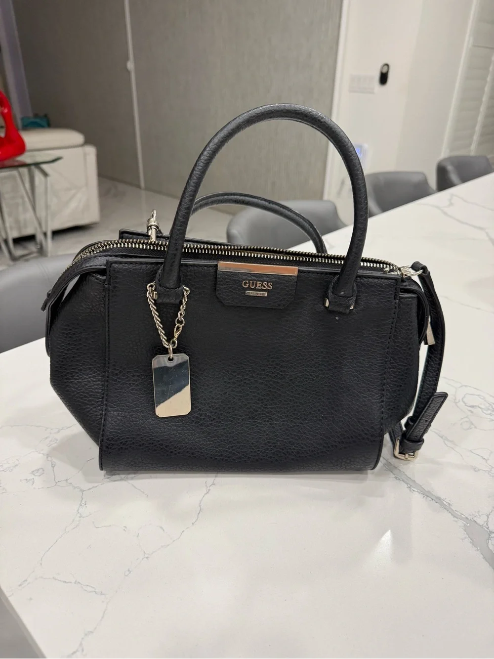 GUESS Black Textured Leather Satchel with Silver Tag